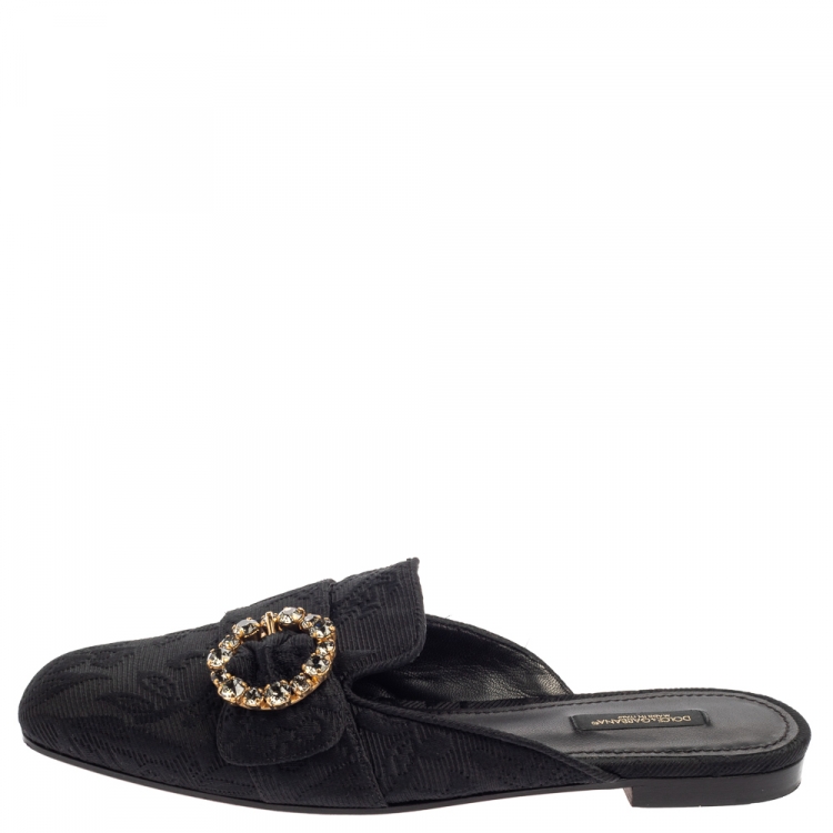 Pre Owned Dolce and Gabbana Black Brocade Jackie Crystal Embellished Flat Mules Size 39