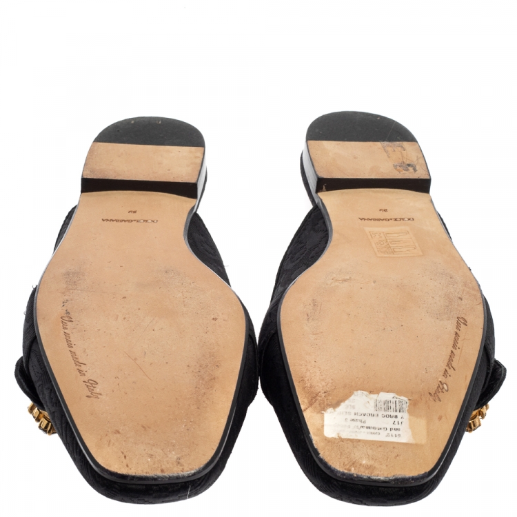 Pre Owned Dolce and Gabbana Black Brocade Jackie Crystal Embellished Flat Mules Size 39