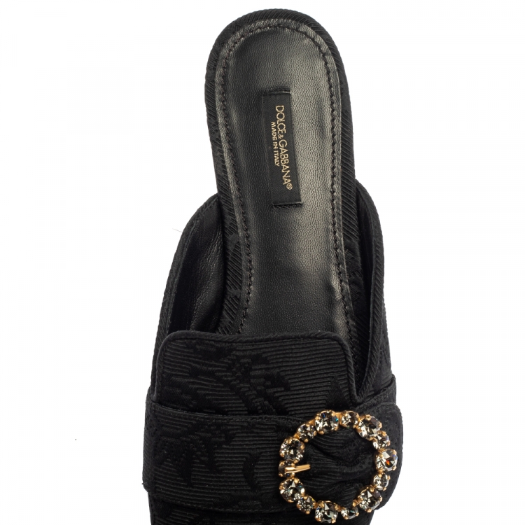 Pre Owned Dolce and Gabbana Black Brocade Jackie Crystal Embellished Flat Mules Size 39