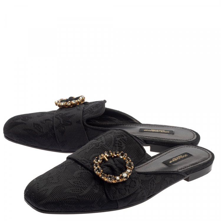 Pre Owned Dolce and Gabbana Black Brocade Jackie Crystal Embellished Flat Mules Size 39