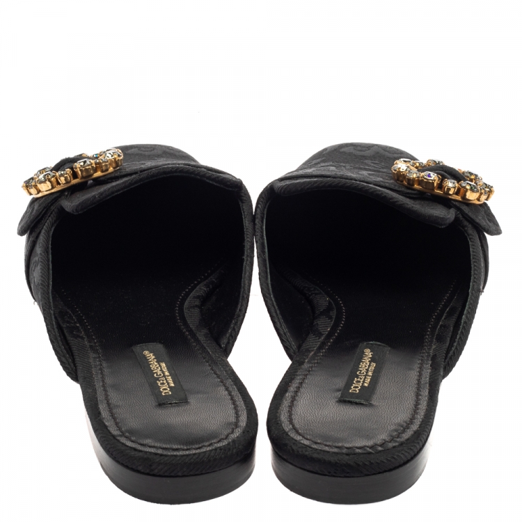 Pre Owned Dolce and Gabbana Black Brocade Jackie Crystal Embellished Flat Mules Size 39