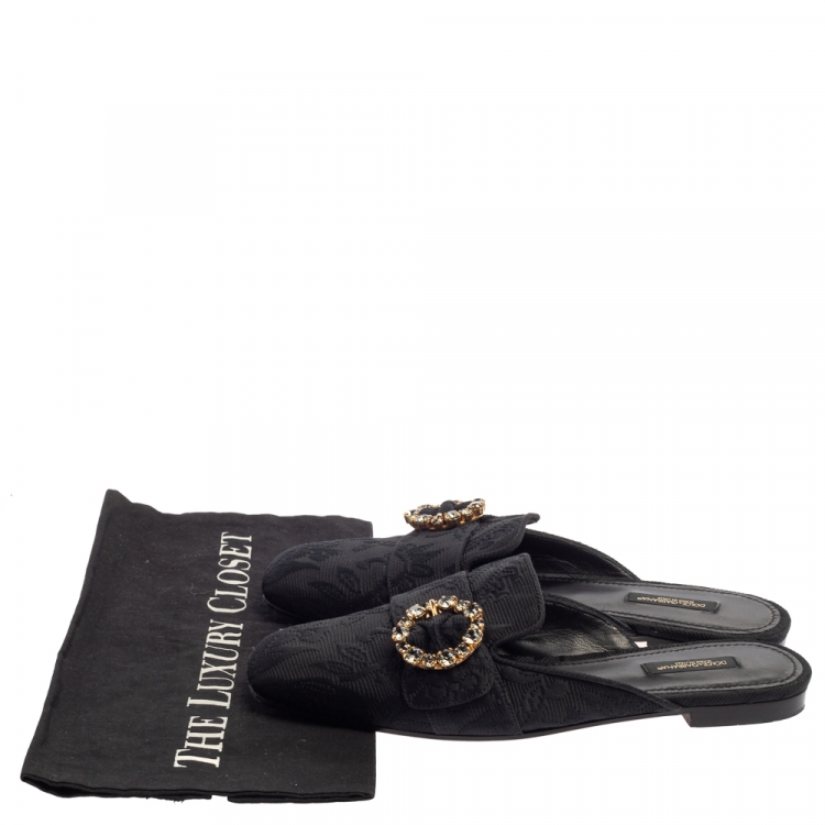 Pre Owned Dolce and Gabbana Black Brocade Jackie Crystal Embellished Flat Mules Size 39