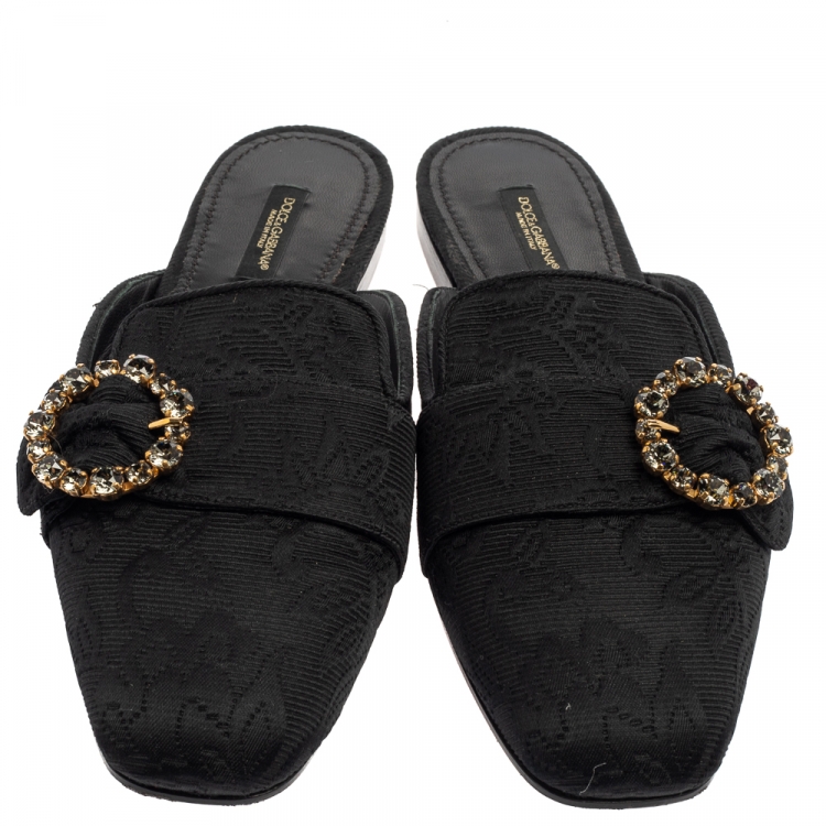 Pre Owned Dolce and Gabbana Black Brocade Jackie Crystal Embellished Flat Mules Size 39