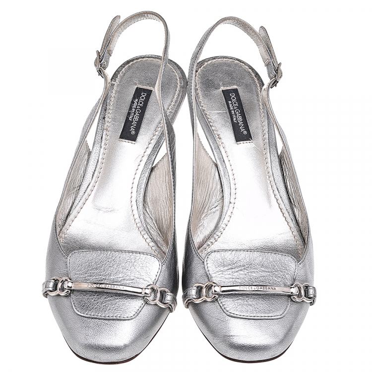 Pre Owned Dolce & Gabbana Silver Leather Slingback Pumps  Size 36.5