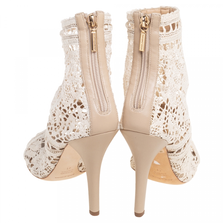 Pre Owned Dolce & Gabbana Off White Stretch Lace Bette Ankle Boots Size 41