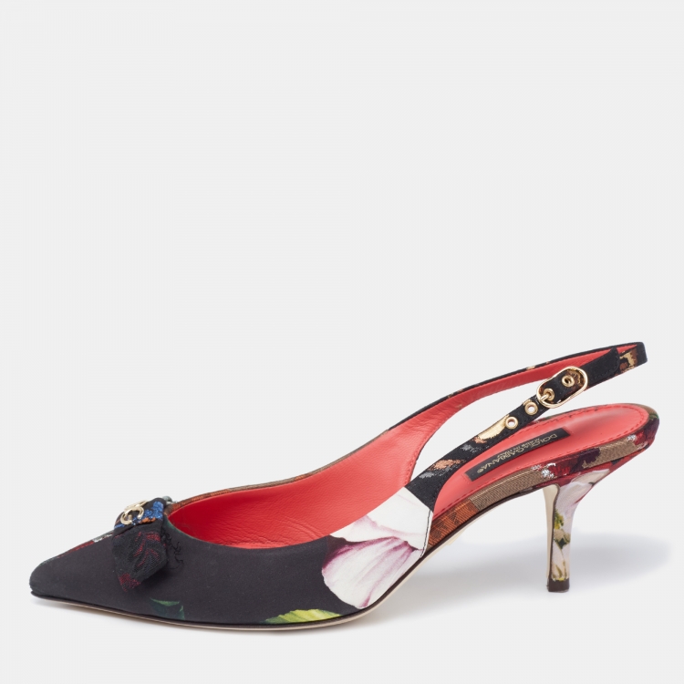 Pre Owned Dolce & Gabbana Multicolor Floral Canvas DG Bow Slingback Pumps Size 37
