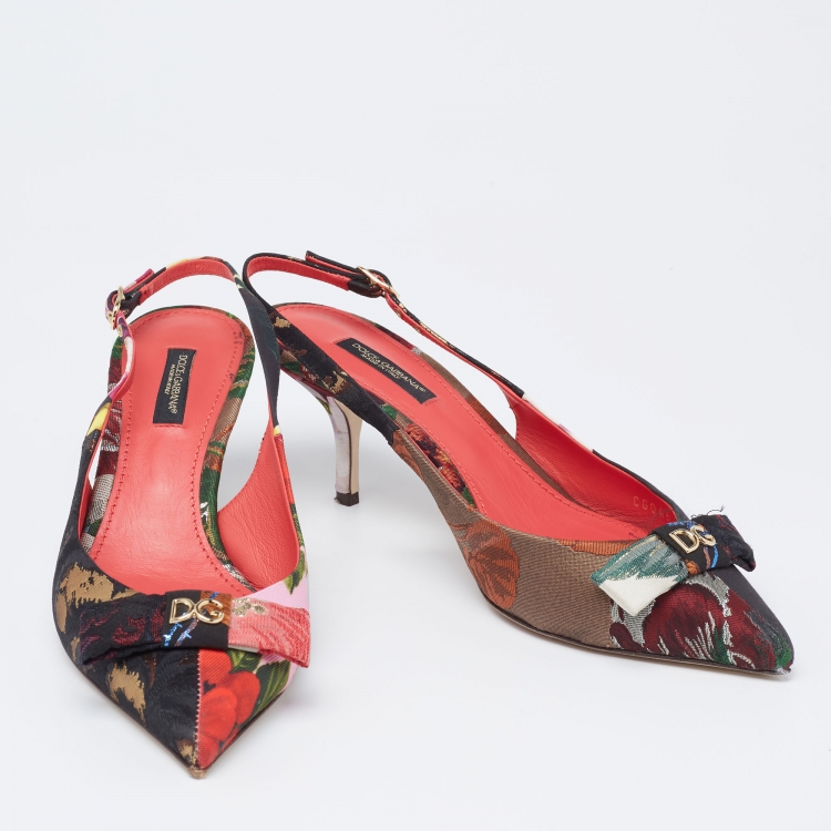 Pre Owned Dolce & Gabbana Multicolor Floral Canvas DG Bow Slingback Pumps Size 37