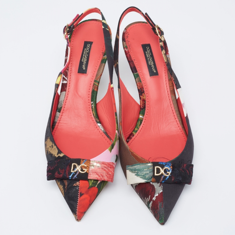 Pre Owned Dolce & Gabbana Multicolor Floral Canvas DG Bow Slingback Pumps Size 37