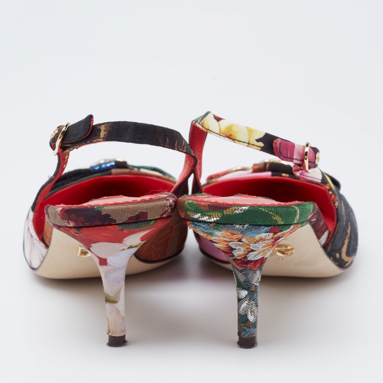 Pre Owned Dolce & Gabbana Multicolor Floral Canvas DG Bow Slingback Pumps Size 37
