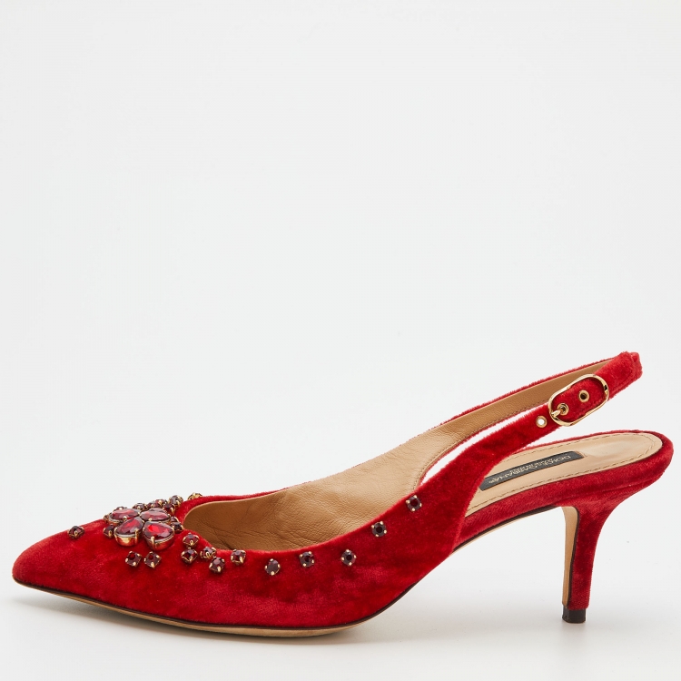 مملوكة مسبقًا Dolce & Gabbana Red Velvet Crystal Embellished Pointed Toe Slingback Pumps Size 38