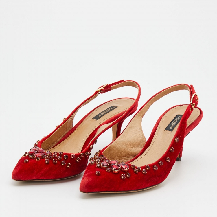 مملوكة مسبقًا Dolce & Gabbana Red Velvet Crystal Embellished Pointed Toe Slingback Pumps Size 38