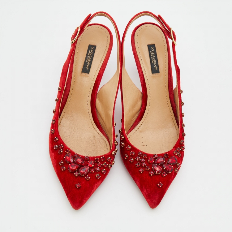 مملوكة مسبقًا Dolce & Gabbana Red Velvet Crystal Embellished Pointed Toe Slingback Pumps Size 38