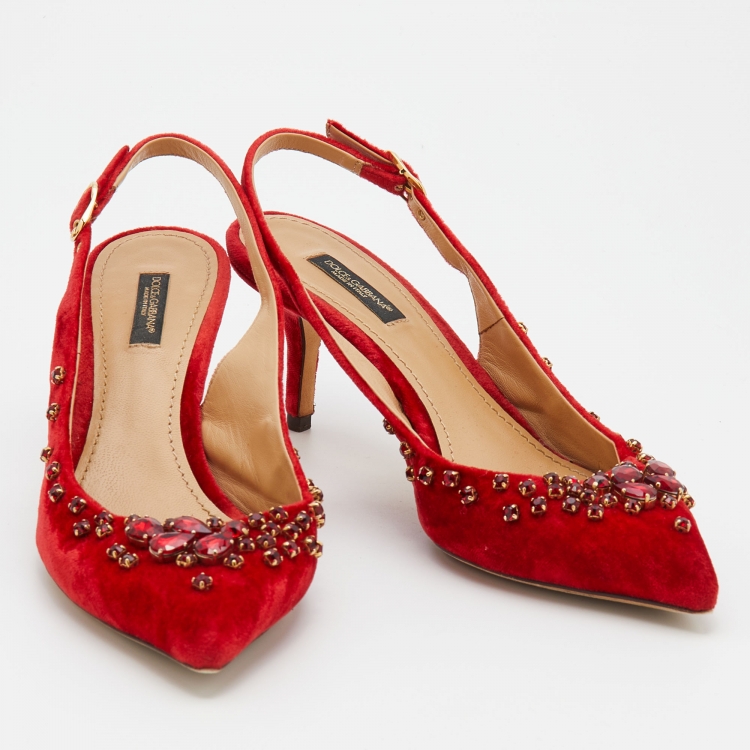 مملوكة مسبقًا Dolce & Gabbana Red Velvet Crystal Embellished Pointed Toe Slingback Pumps Size 38