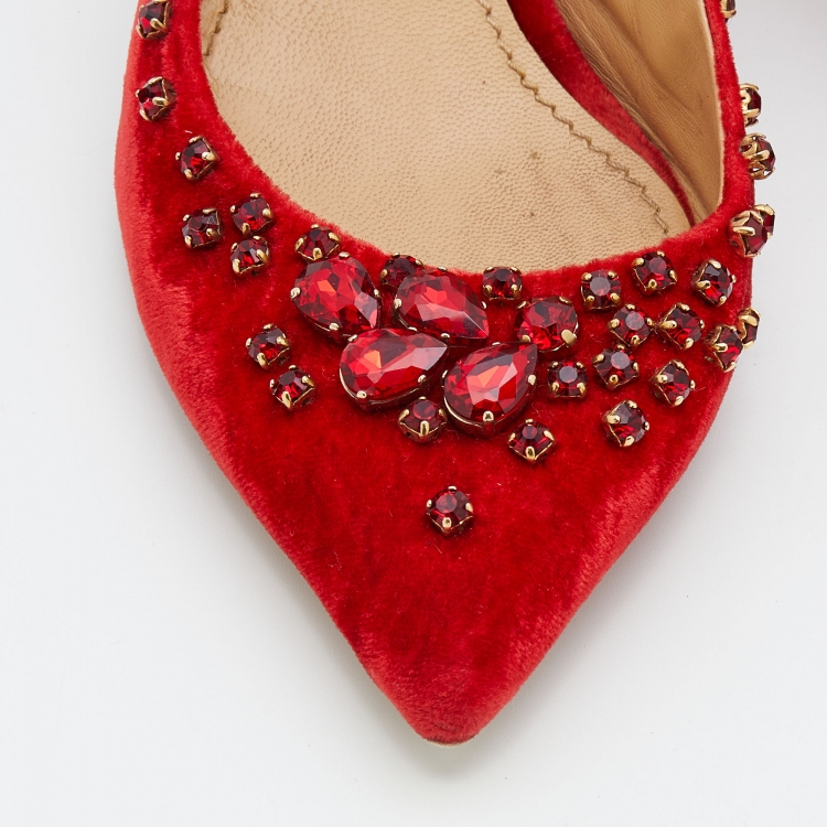 مملوكة مسبقًا Dolce & Gabbana Red Velvet Crystal Embellished Pointed Toe Slingback Pumps Size 38