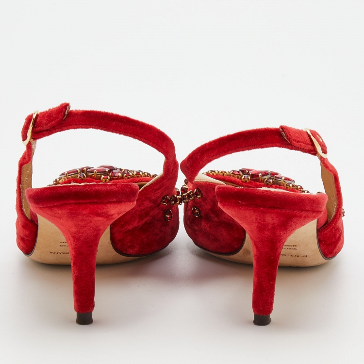 مملوكة مسبقًا Dolce & Gabbana Red Velvet Crystal Embellished Pointed Toe Slingback Pumps Size 38