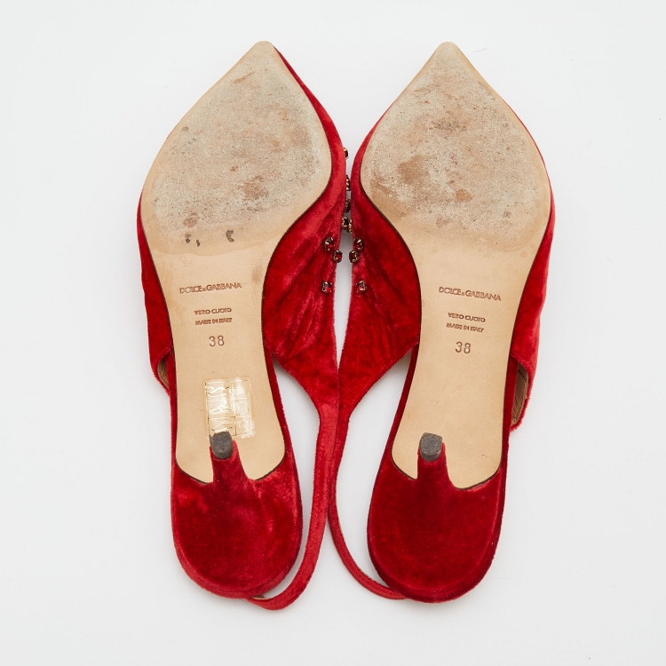 مملوكة مسبقًا Dolce & Gabbana Red Velvet Crystal Embellished Pointed Toe Slingback Pumps Size 38