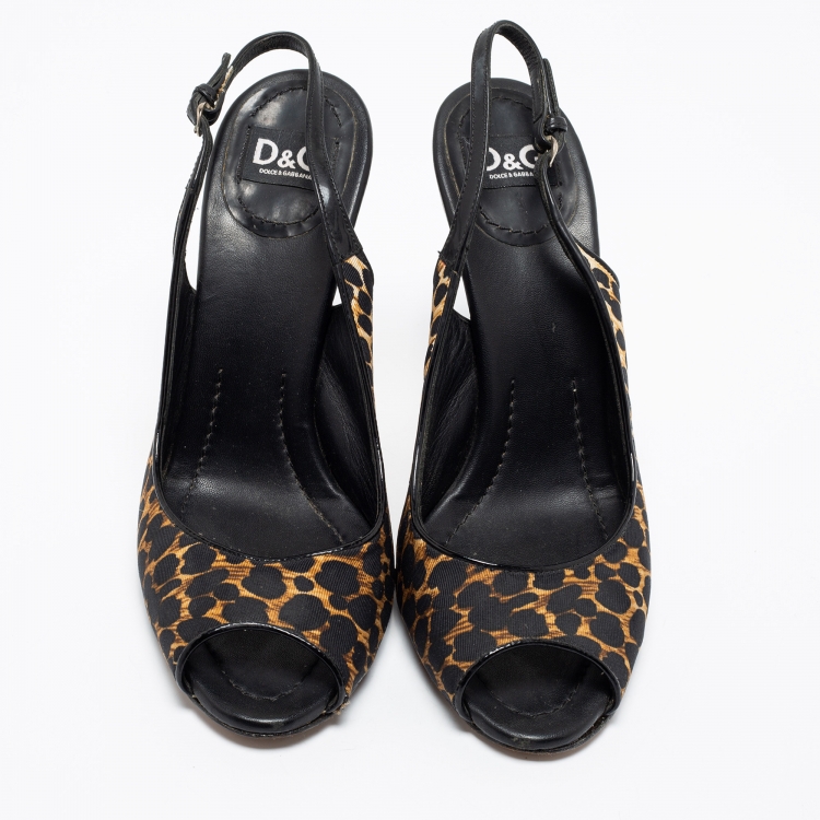 Pre Owned Dolce & Gabbana Black/Leopard Print Canvas And Leather Slingback Pumps Size 37