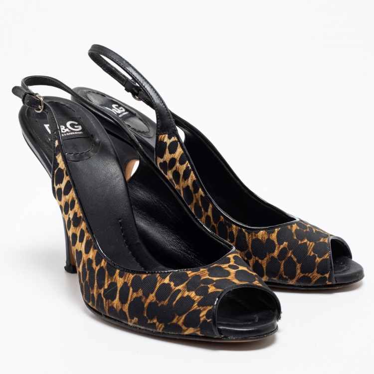 Pre Owned Dolce & Gabbana Black/Leopard Print Canvas And Leather Slingback Pumps Size 37