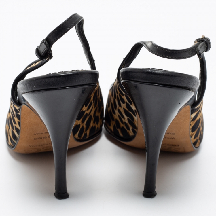 Pre Owned Dolce & Gabbana Black/Leopard Print Canvas And Leather Slingback Pumps Size 37
