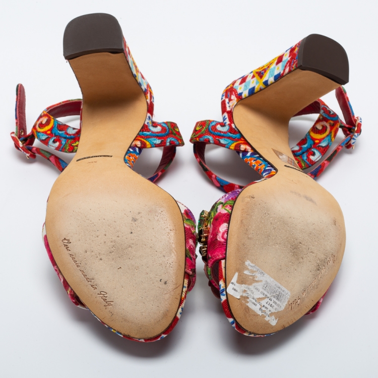 مملوكة مسبقًا Dolce & Gabbana Multicolor Printed Fabric Crystal Embellished Ankle Strap Sandals Size 39.5