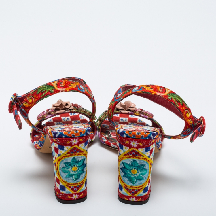 مملوكة مسبقًا Dolce & Gabbana Multicolor Printed Fabric Crystal Embellished Ankle Strap Sandals Size 39.5