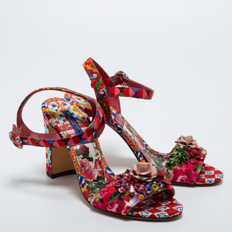 مملوكة مسبقًا Dolce & Gabbana Multicolor Printed Fabric Crystal Embellished Ankle Strap Sandals Size 39.5