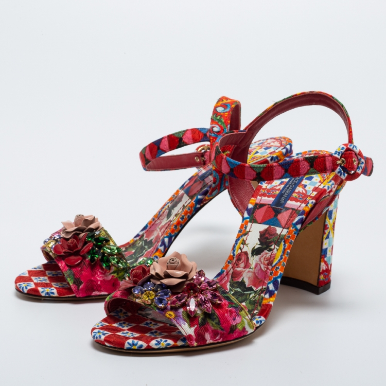 مملوكة مسبقًا Dolce & Gabbana Multicolor Printed Fabric Crystal Embellished Ankle Strap Sandals Size 39.5