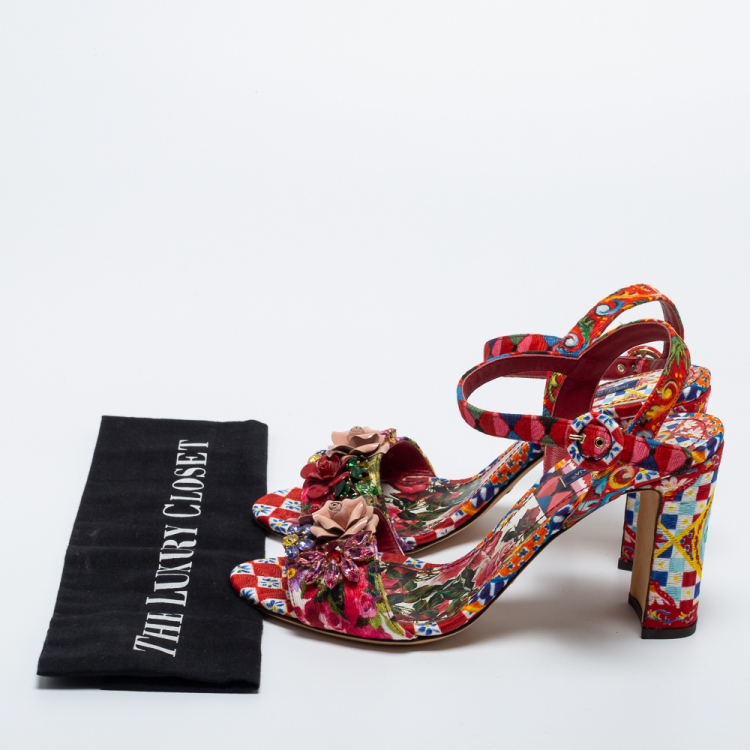 مملوكة مسبقًا Dolce & Gabbana Multicolor Printed Fabric Crystal Embellished Ankle Strap Sandals Size 39.5