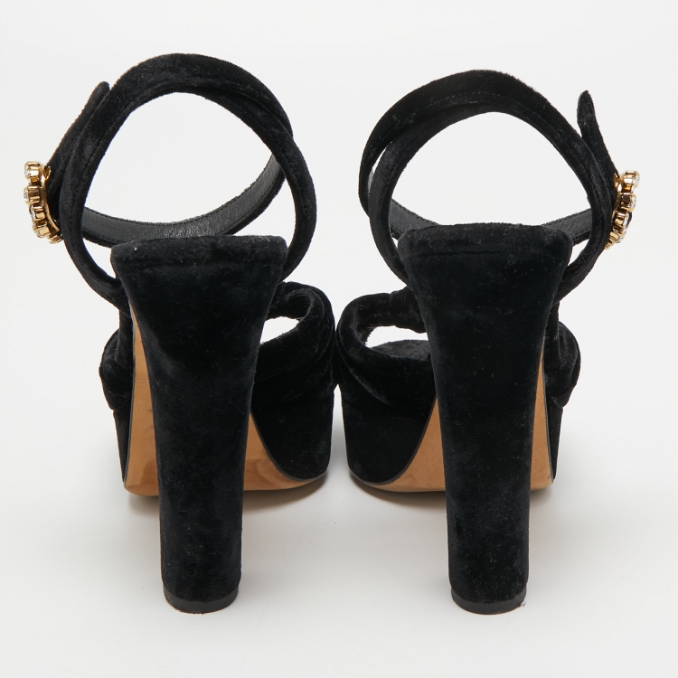 Pre Owned Dolce & Gabbana Black Knotted Velvet Platform Ankle Strap Sandals Size 39