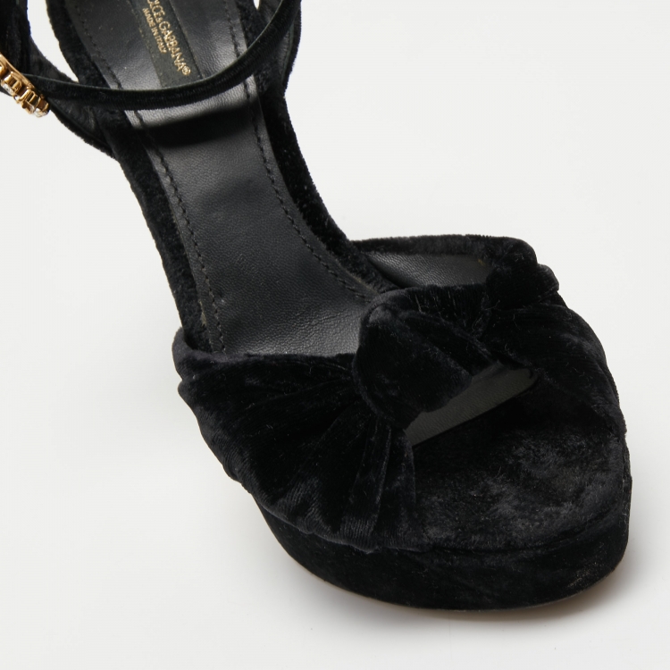 Pre Owned Dolce & Gabbana Black Knotted Velvet Platform Ankle Strap Sandals Size 39
