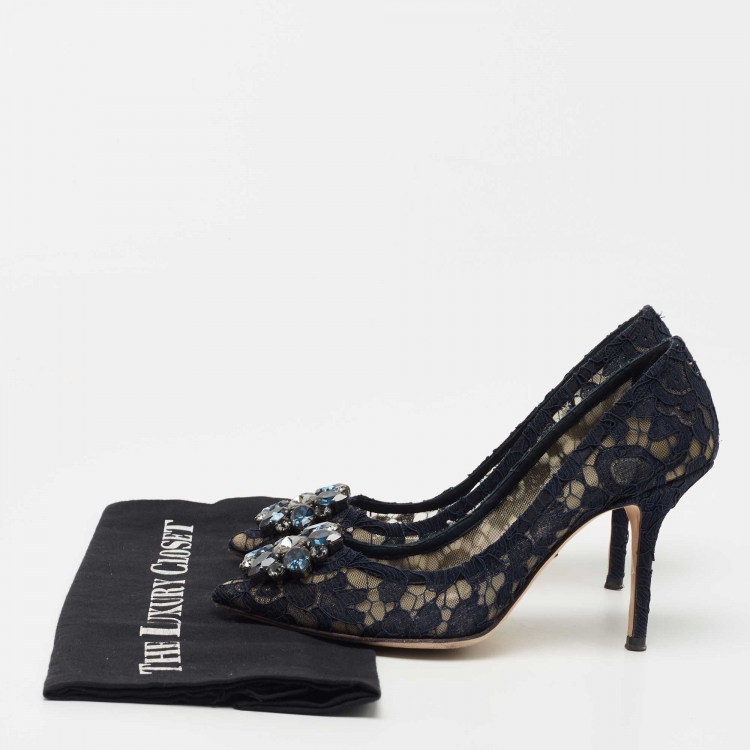Pre Owned Dolce & Gabbana Navy Blue Lace Bellucci Pumps Size 37