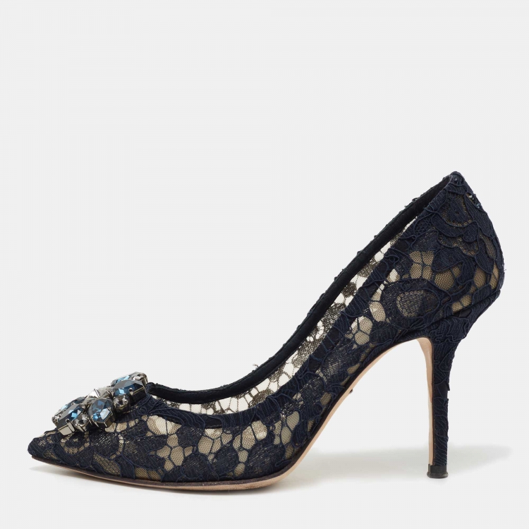 Pre Owned Dolce & Gabbana Navy Blue Lace Bellucci Pumps Size 37