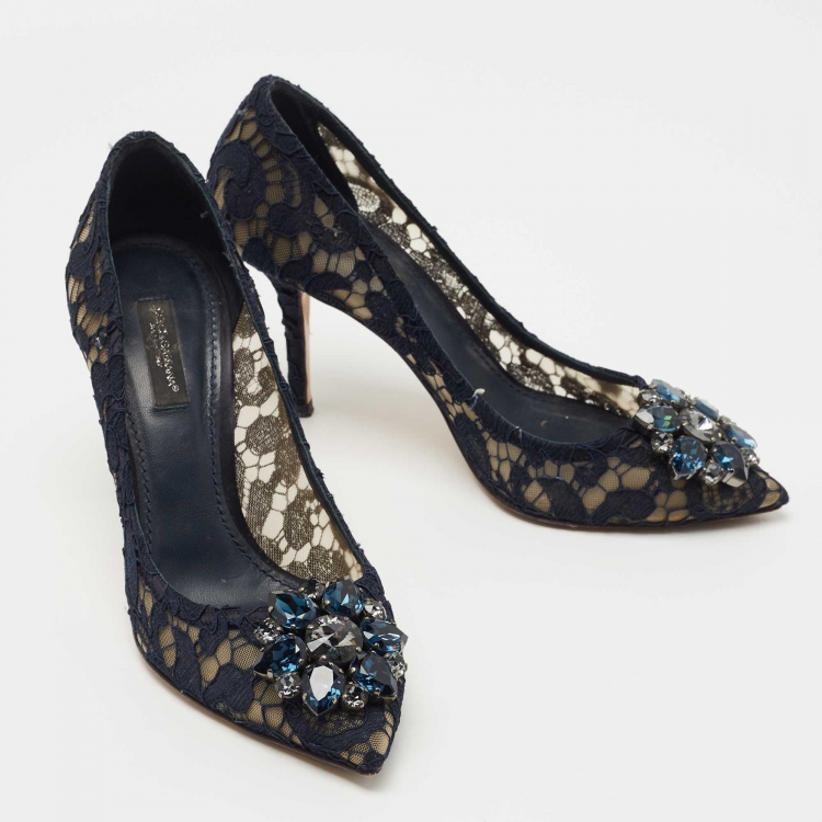 Pre Owned Dolce & Gabbana Navy Blue Lace Bellucci Pumps Size 37