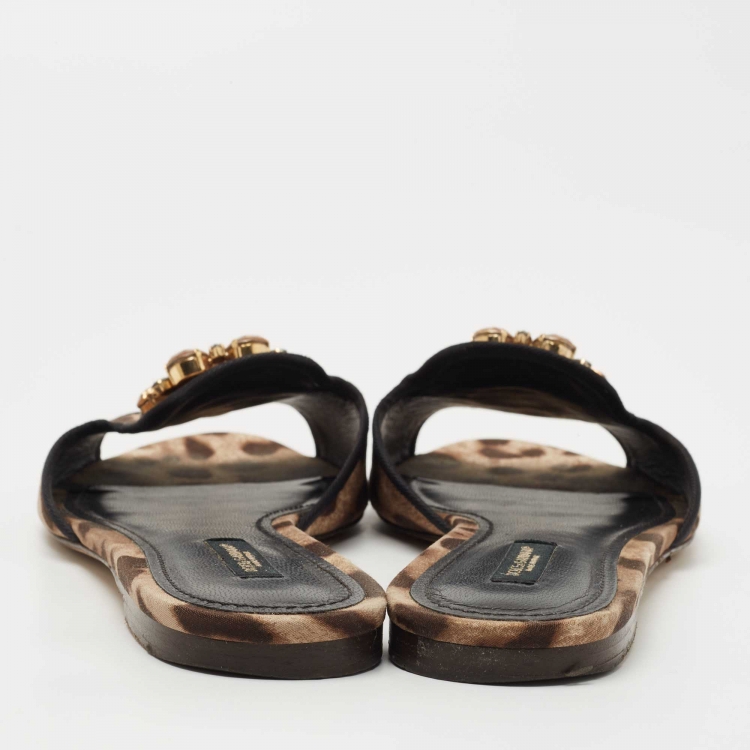 مملوكة مسبقًا Dolce & Gabbana Brown Leopard Print Canvas Crystal Embellished Flat Slides Size 40.5
