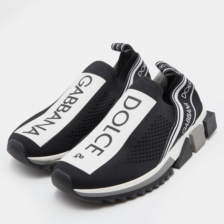 Pre Owned Dolce & Gabbana Black/White Knit Fabric Sorrento Slip On Sneakers Size 38