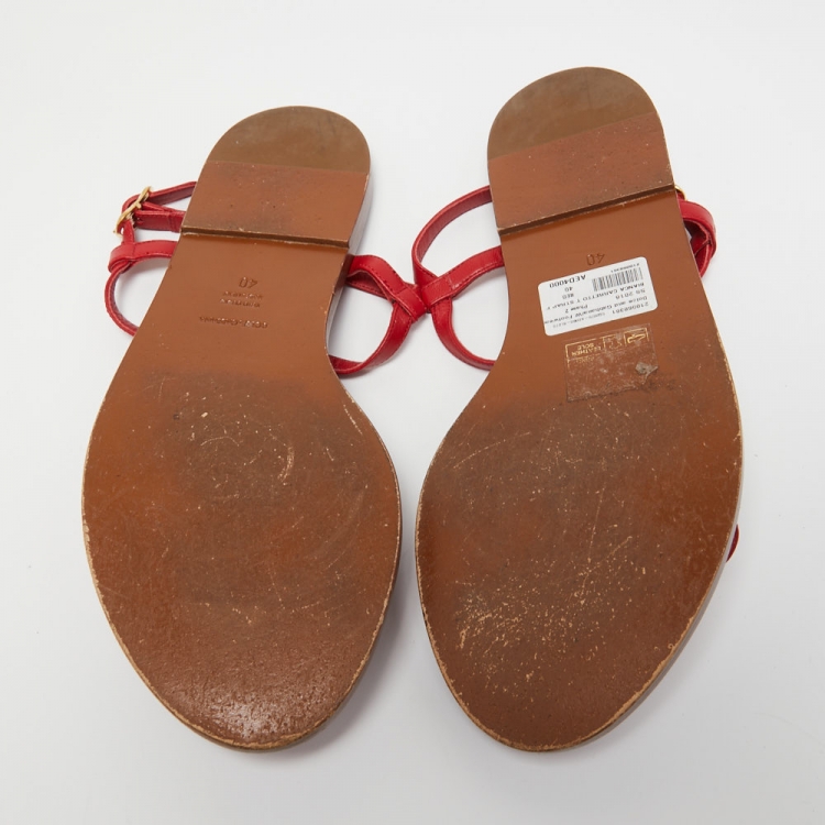 مملوكة مسبقًا Dolce & Gabbana Red Leather Pom Pom and Crystal Embellished Ankle Strap Flat Sandals Size 40