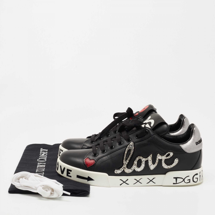 Pre Owned Dolce & Gabbana Black Leather Portofino Love Patch Low Top Sneakers Size 40
