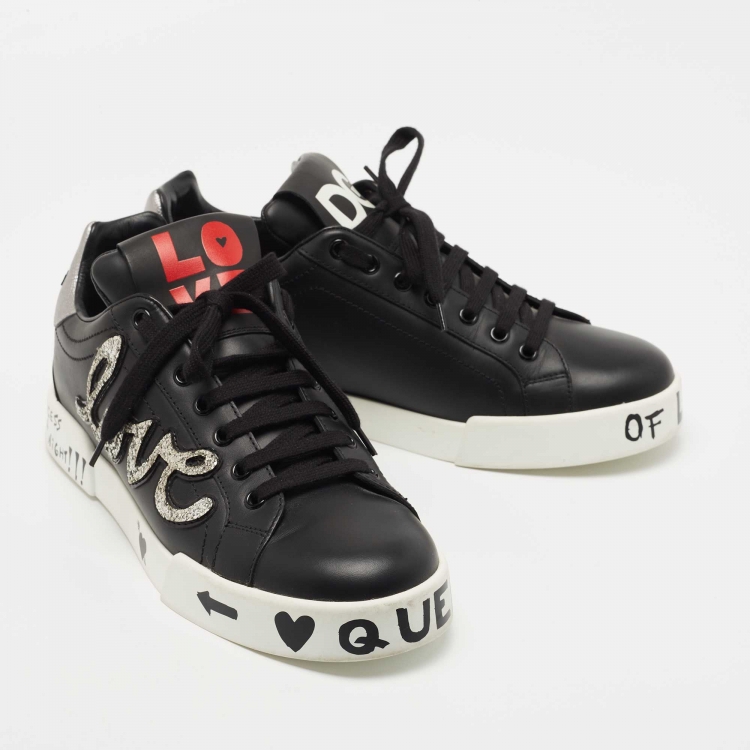 Pre Owned Dolce & Gabbana Black Leather Portofino Love Patch Low Top Sneakers Size 40