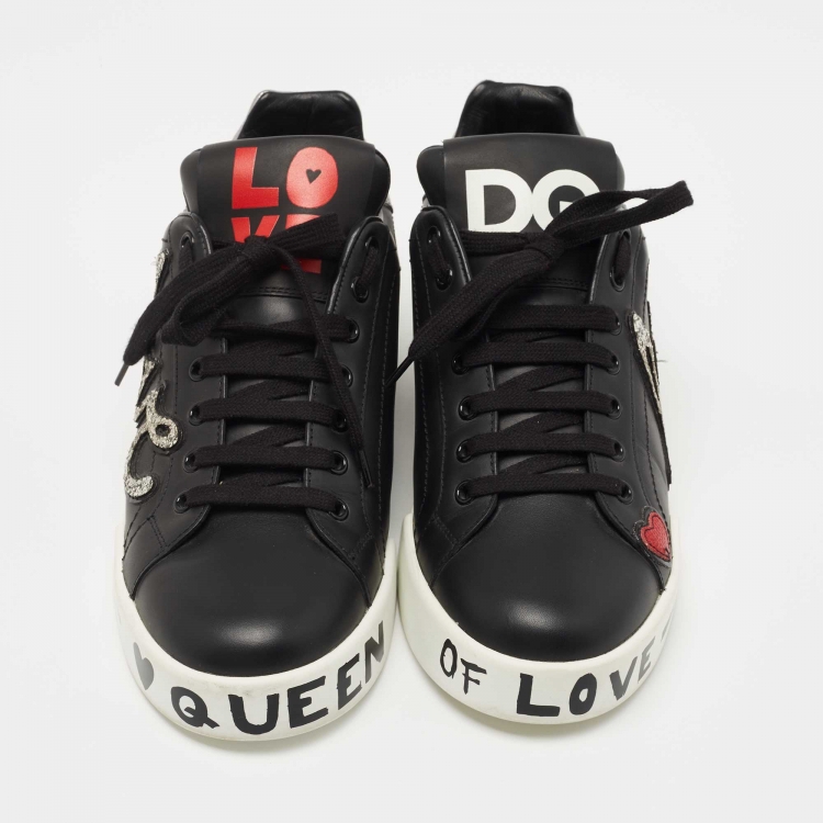 Pre Owned Dolce & Gabbana Black Leather Portofino Love Patch Low Top Sneakers Size 40