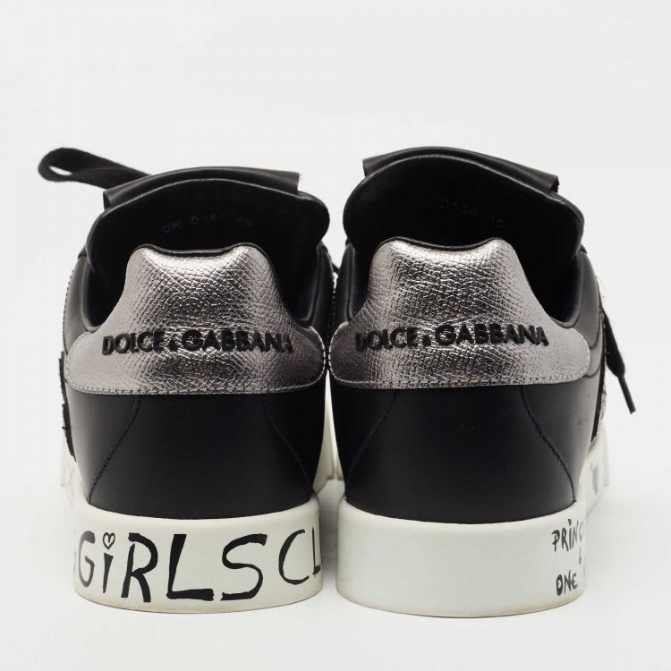 Pre Owned Dolce & Gabbana Black Leather Portofino Love Patch Low Top Sneakers Size 40
