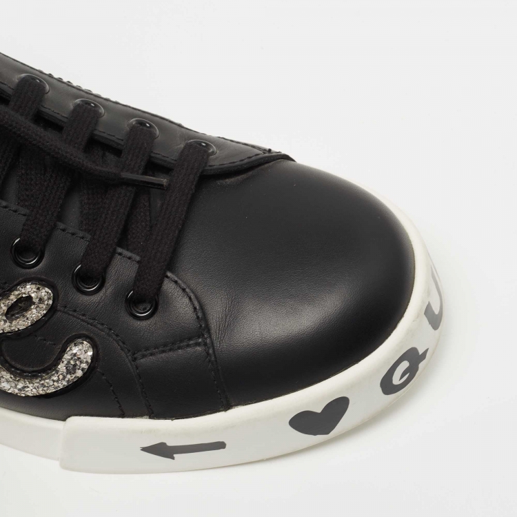 Pre Owned Dolce & Gabbana Black Leather Portofino Love Patch Low Top Sneakers Size 40