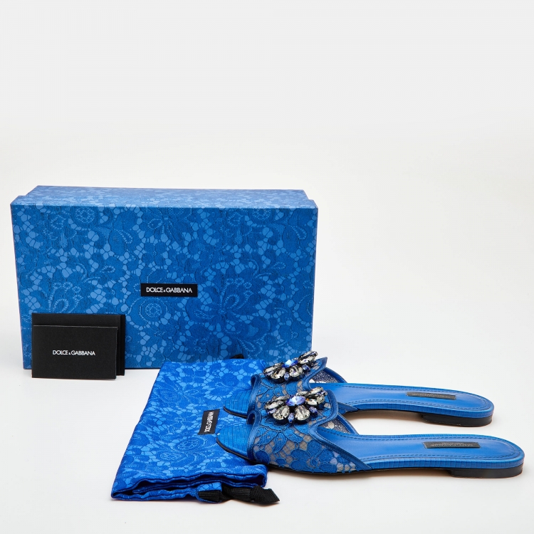 Pre Owned Dolce & Gabbana Blue Lace Jeweled Embellishment Flat Slides Size 38.5