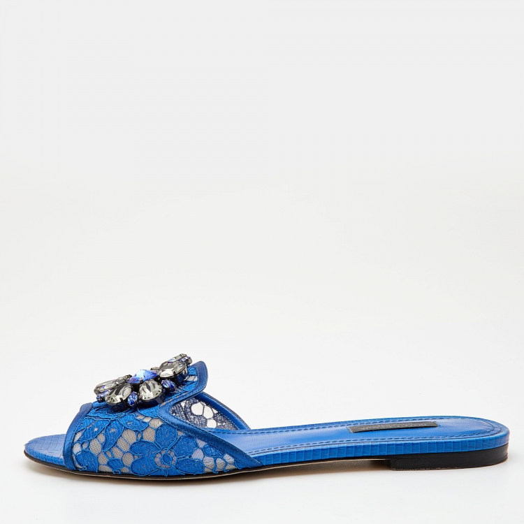 Pre Owned Dolce & Gabbana Blue Lace Jeweled Embellishment Flat Slides Size 38.5