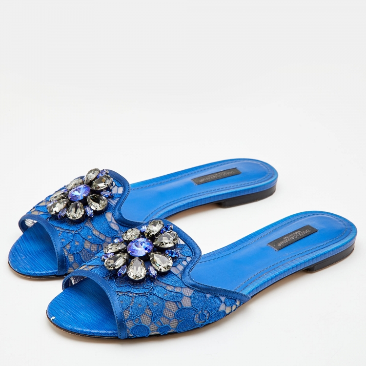 Pre Owned Dolce & Gabbana Blue Lace Jeweled Embellishment Flat Slides Size 38.5