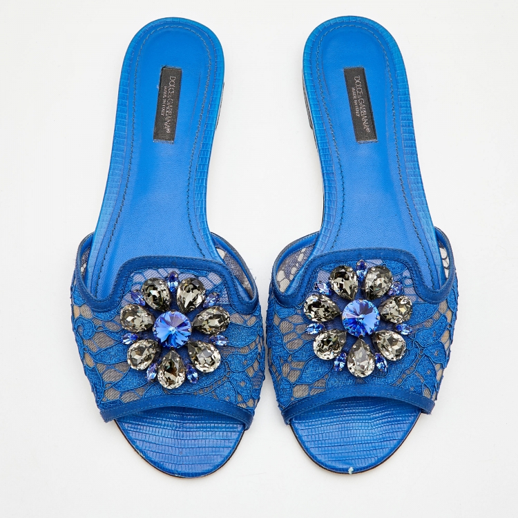 Pre Owned Dolce & Gabbana Blue Lace Jeweled Embellishment Flat Slides Size 38.5