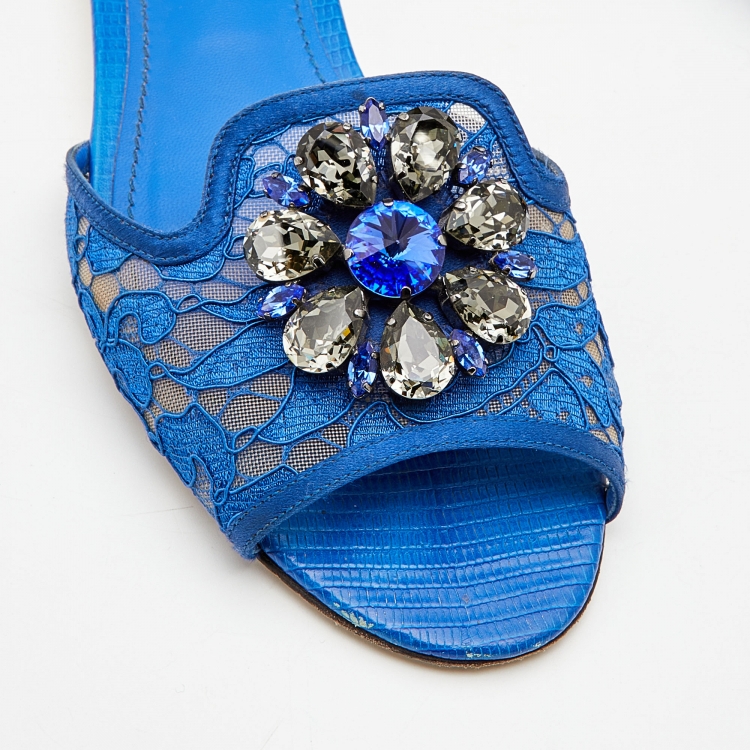 Pre Owned Dolce & Gabbana Blue Lace Jeweled Embellishment Flat Slides Size 38.5