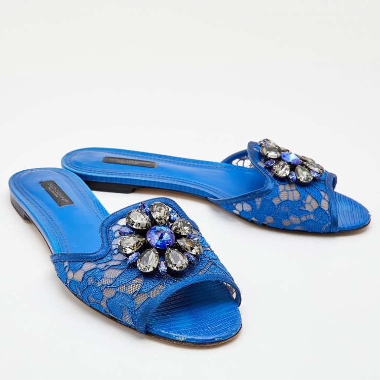 Pre Owned Dolce & Gabbana Blue Lace Jeweled Embellishment Flat Slides Size 38.5