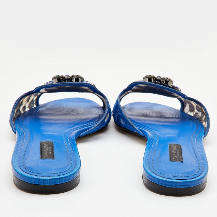 Pre Owned Dolce & Gabbana Blue Lace Jeweled Embellishment Flat Slides Size 38.5