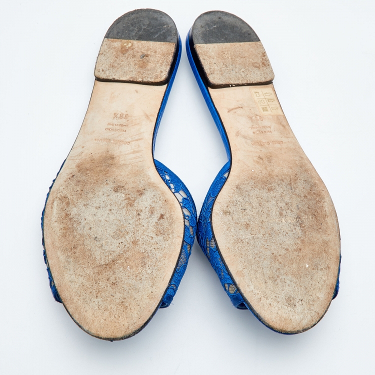 Pre Owned Dolce & Gabbana Blue Lace Jeweled Embellishment Flat Slides Size 38.5