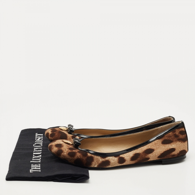 Pre Owned Dolce & Gabbana Brown/Black Leopard Print Coated Canvas and Patent Ballet Flats Size 40